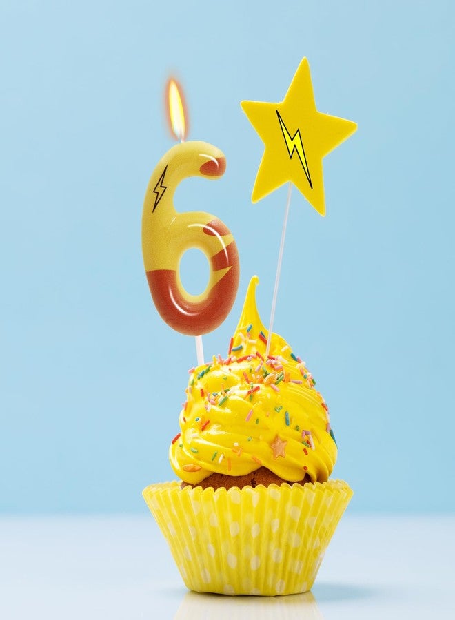 OGnomiFX Lightning Print Yellow 6th Birthday Candles for Boys Girls, Number 6 Cake Topper, Cartoon Themed Birthday Party Decorations - Image 3